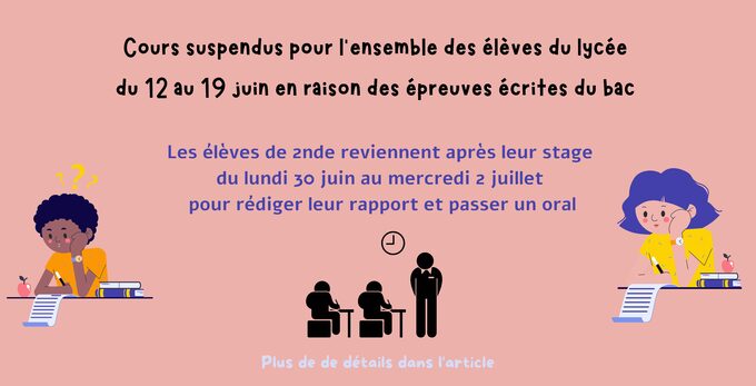Les cours pour l’ensemble des élèves du LPO sont suspendus du jeudi 12, à 17h10, jusqu’au jeudi 19 juin 2025, 08h15, en raison des épreuves écrites des 13, 16, 17 et 18 juin 2025. Les cours des él.jpg